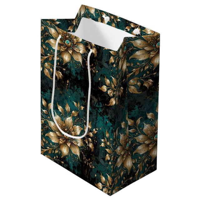 Opulent Gold Floral & Teal Marble Damask Medium Gift Bag (Front Angled)