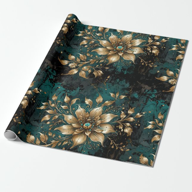 Opulent Gold Floral & Teal Marble Damask Wrapping Paper (Unrolled)