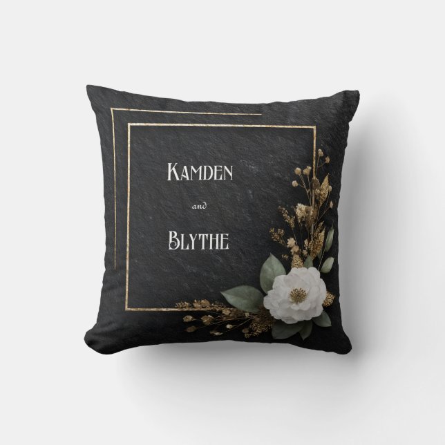Opulent Gold Frame White Flower Black Slate Throw Pillow (Front)