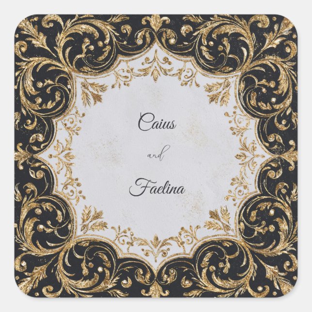 Opulent Gold Glitter Baroque Black Wedding Square Sticker (Front)