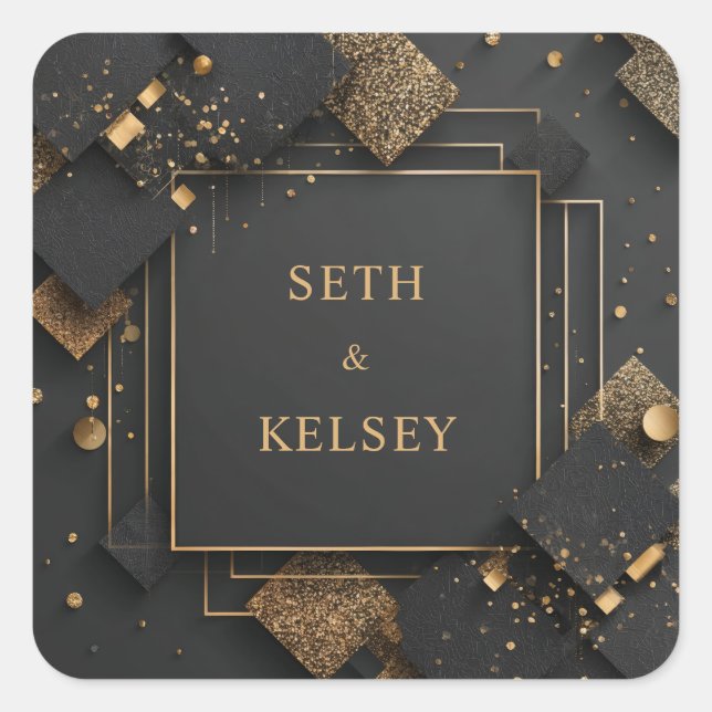 Opulent Gold Glitter Geometric Black Tie Wedding Square Sticker (Front)