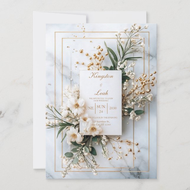 Opulent Gold Marble White Floral Winter Wedding Invitation (Front)