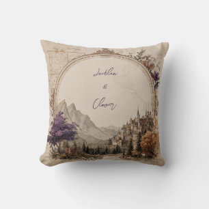 Opulent Gold Oval Castle Purple Tree Wedding Throw Pillow