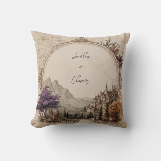 Opulent Gold Oval Castle Purple Tree Wedding Throw Pillow (Front)