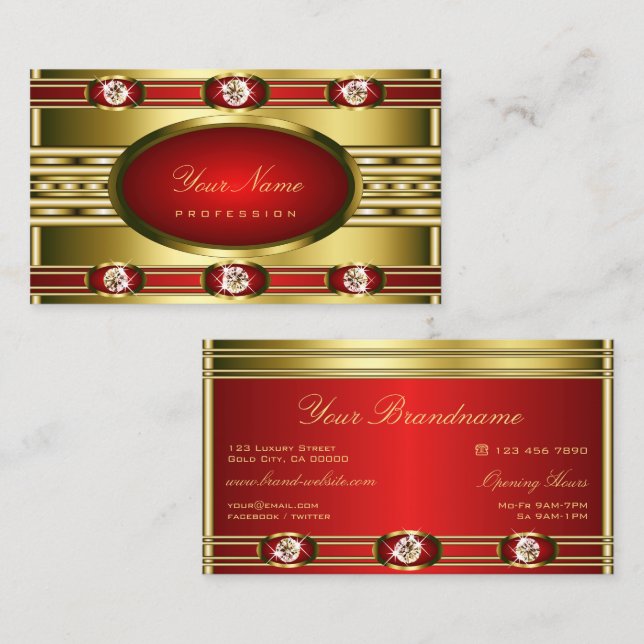 Opulent Gold Red Ornate with Glitzy Rhinestones Business Card (Front/Back)