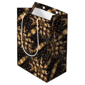 Opulent Gold Ribbon Bows on Black Christmas Glam Medium Gift Bag