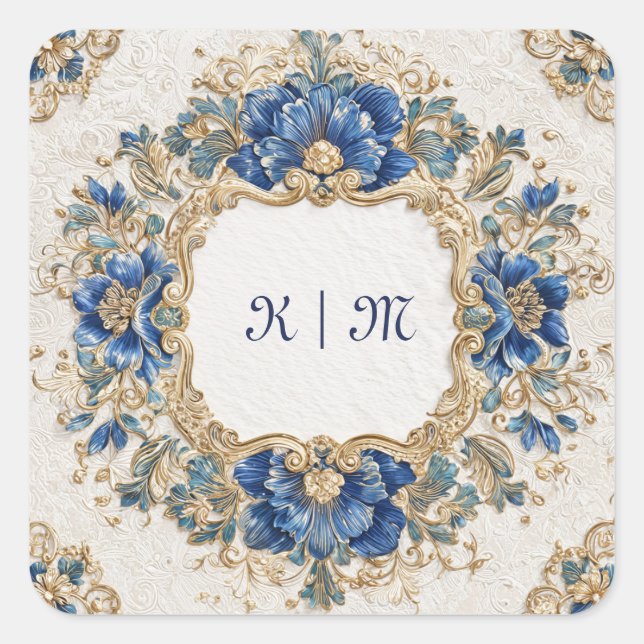 Opulent Gold Royal Blue Baroque Floral Round Frame Square Sticker (Front)