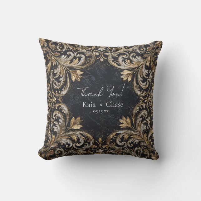 Opulent Gold Silver Baroque Black Luxury Wedding Throw Pillow (Front)