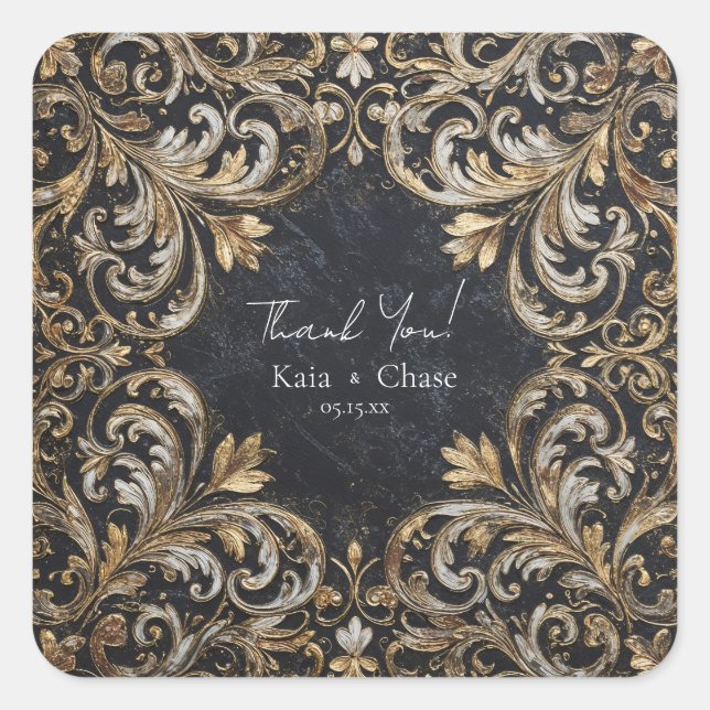 Opulent Gold Silver Baroque Black Ornate Wedding Square Sticker (Front)