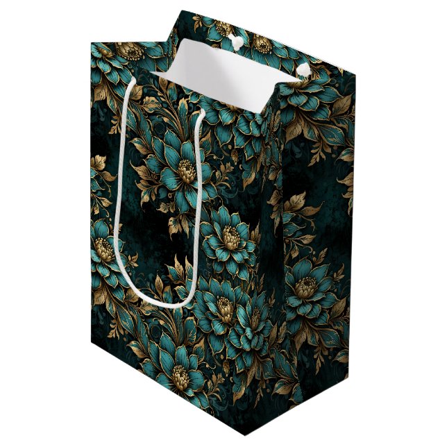 Opulent Gold & Teal Jewel Tone Floral  Medium Gift Bag (Front Angled)