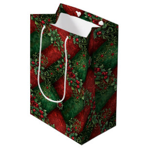 Opulent Gothic Christmas Holly & Damask Medium Gift Bag