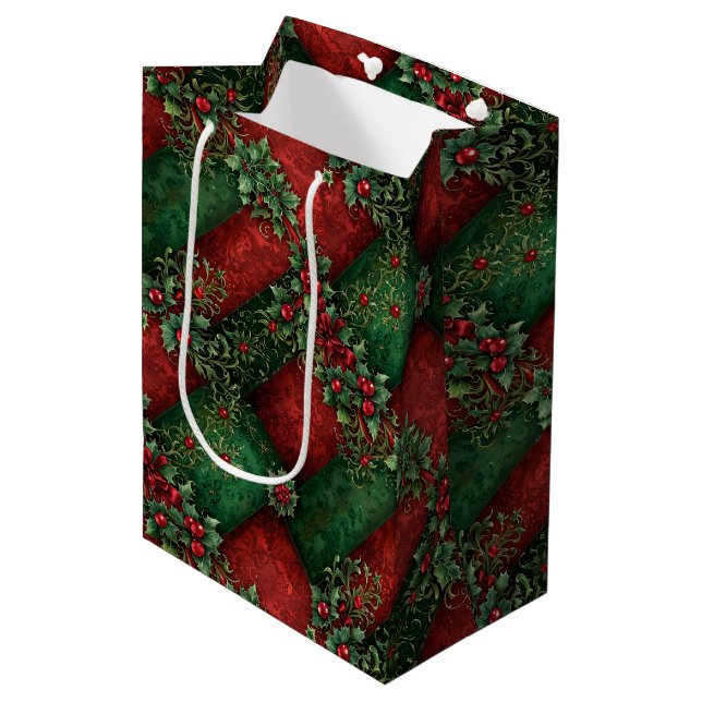 Opulent Gothic Christmas Holly & Damask Medium Gift Bag (Front Angled)