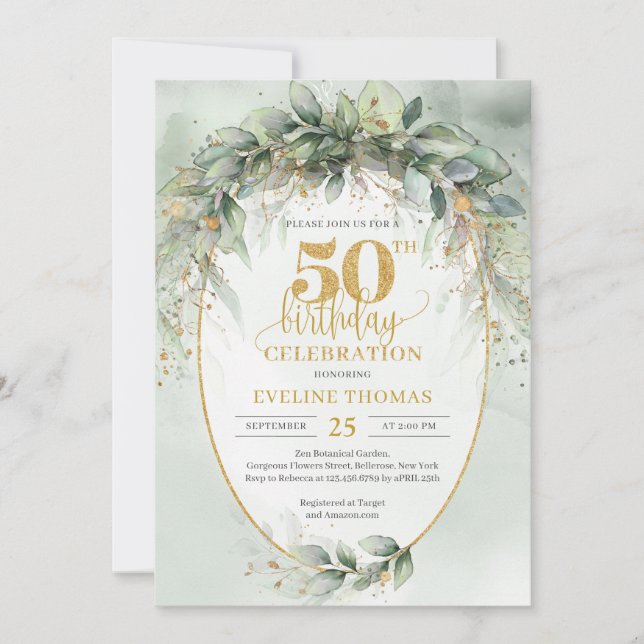 Opulent green eucalyptus boho 50th birthday invitation (Front)