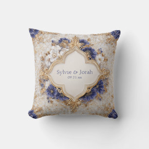 Opulent Indigo Blue Gold Baroque Quatrefoil Frame Throw Pillow