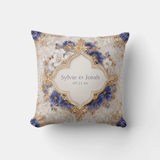 Opulent Indigo Blue Gold Baroque Quatrefoil Frame Throw Pillow (Front)