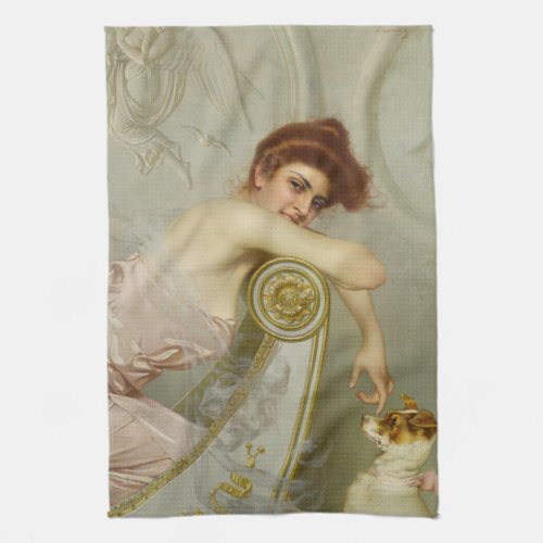 Opulent Lady Playfully Teasing Her Puppy Dog Kitchen Towel