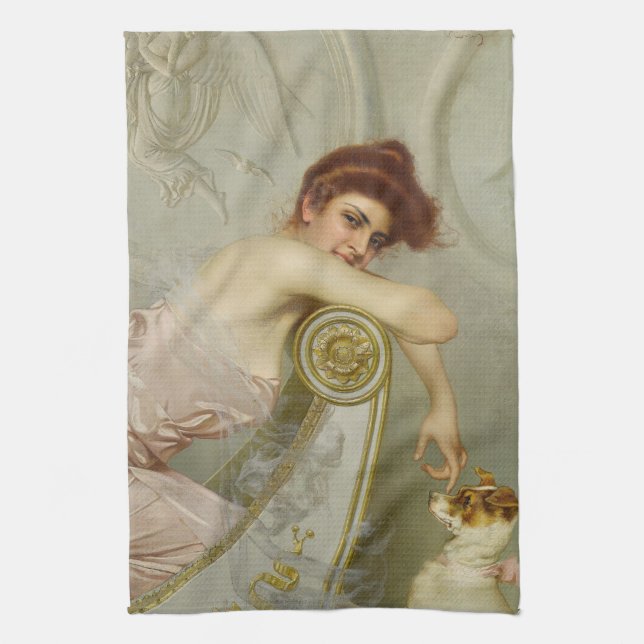 Opulent Lady Playfully Teasing Her Puppy Dog Kitchen Towel (Vertical)