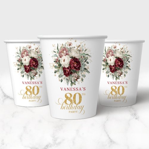 Opulent Maroon Floral 80th Birthday Paper Cups