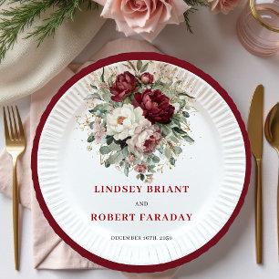 Opulent Maroon Floral Eucalyptus Gold Plates
