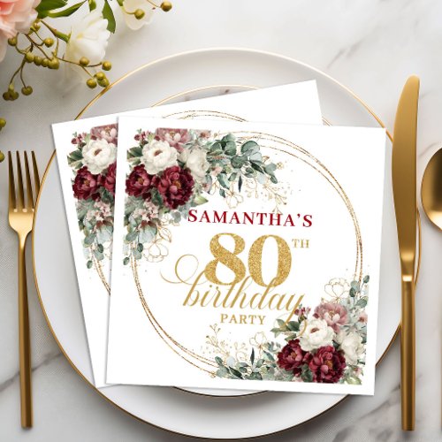 Opulent Maroon Floral Gold 80th Birthday Napkins