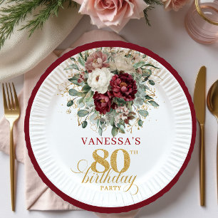 Opulent Maroon Floral Gold 80th Birthday Paper  Plates