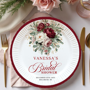 Opulent Maroon Floral Gold Bridal Shower Paper  Plates