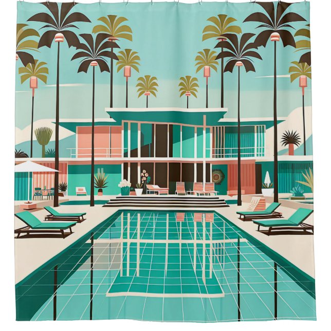 "Opulent Mid-Century Modern Poolside" Shower Curtain (Front)