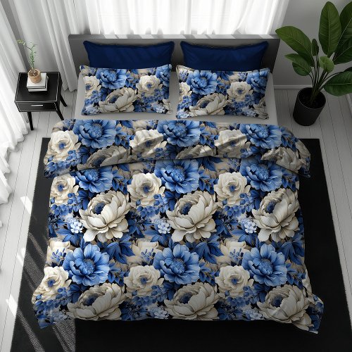 Opulent Navy Blue Floral Duvet Cover Chic Bedroom