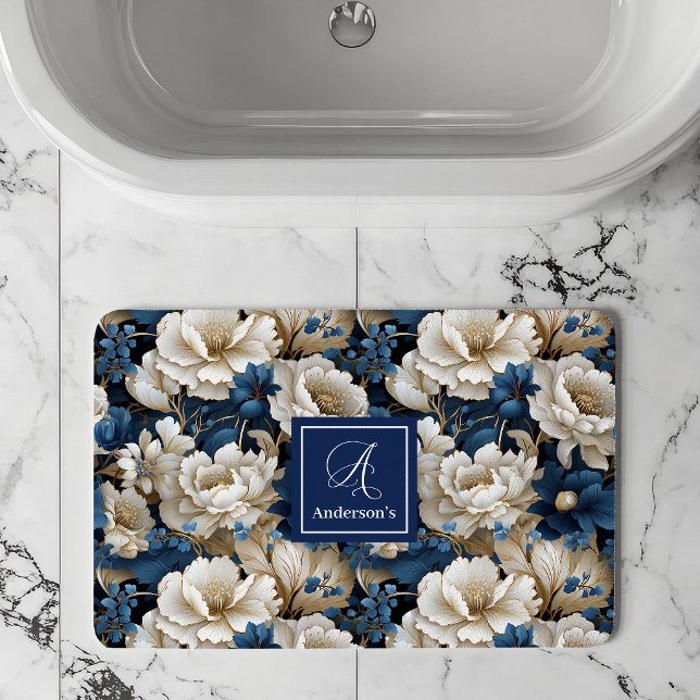 Opulent Navy Blue Flowers Custom Name Bath Mat (Opulent Navy Blue Flowers Custom Name Bath Mat)