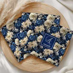 Opulent Navy Blue Flowers Custom Name Cloth Napkin