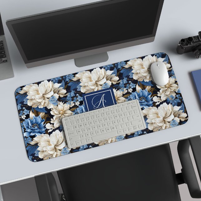 Opulent Navy Blue Flowers Custom Name Desk Mat (Opulent Navy Blue Flowers Custom Name Desk Mat)