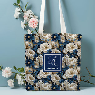 Opulent Navy Blue Flowers Custom Name Tote Bag