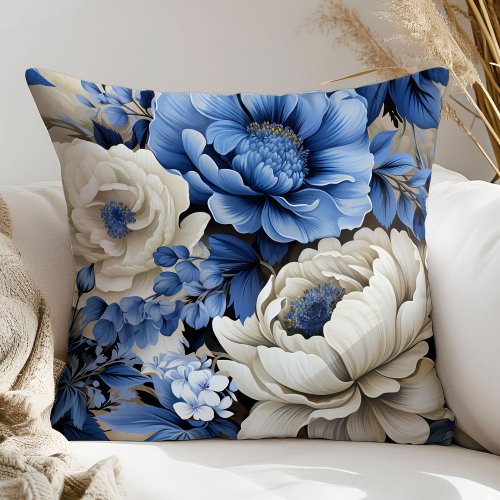 Opulent Navy Blue Flowers Decorative Accent Pillow
