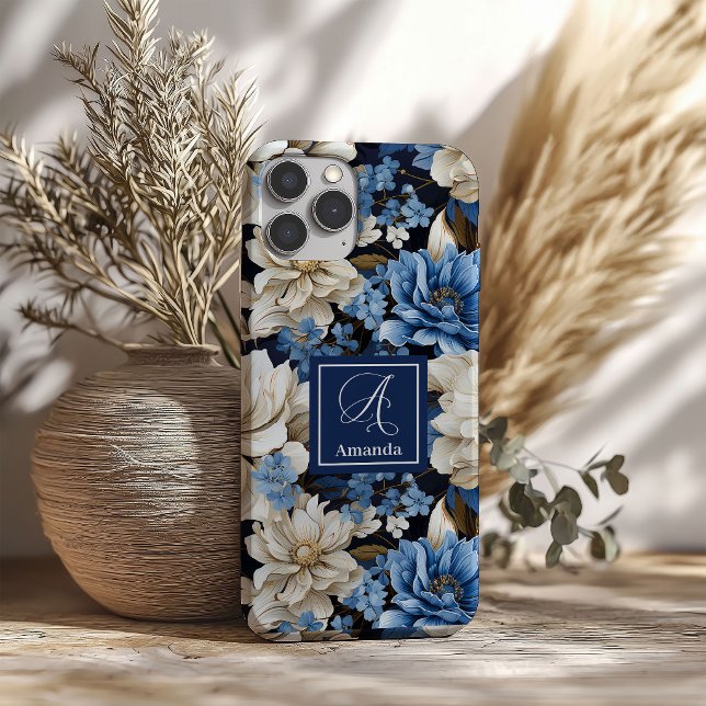 Opulent Navy Blue Flowers iPhone Case Elegant   (Opulent Navy Blue Flowers iPhone Case Elegant Style)