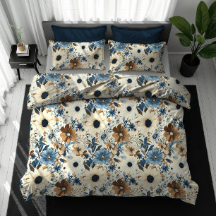 Opulent Navy Blue Ivory Floral Boho Home Decor Duvet Cover