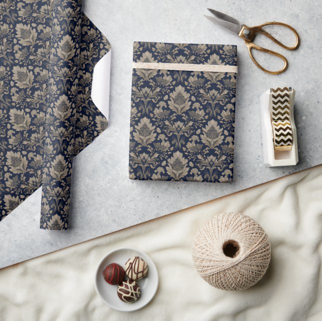 Opulent Navy Floral Gilding Wrapping Paper (Crafts)
