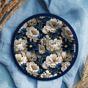 Opulent Navy White Ivory Floral Elegant Paper Plates