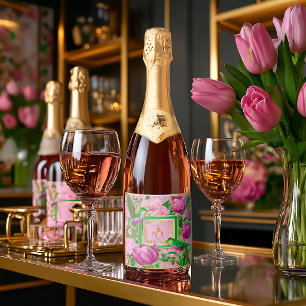 Opulent Pink Green Botanical Soirée Beverage Sparkling Wine Label