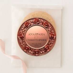 Opulent Rose Gold Sculpted Roses Border Wedding Classic Round Sticker
