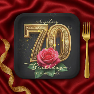 Opulent Rose Ornate Filigree Gold 70th Birthday Paper Plates