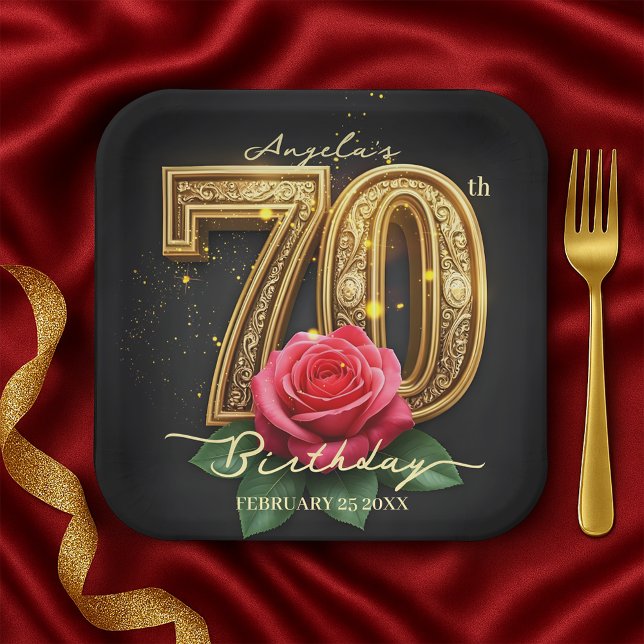 Opulent Rose Ornate Filigree Gold 70th Birthday Paper Plates (Creator Uploaded)