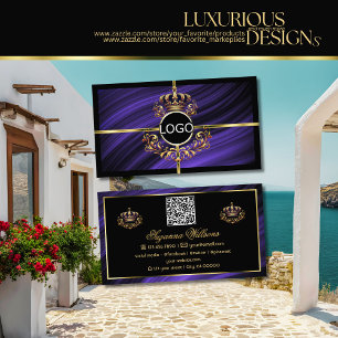 Opulent Royal Blue Gold Crown with Logo QR Code Business Card