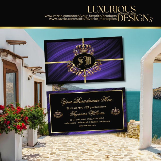 Opulent Royal Blue Gold Crown with Monogram Noble Business Card (Creator Uploaded)