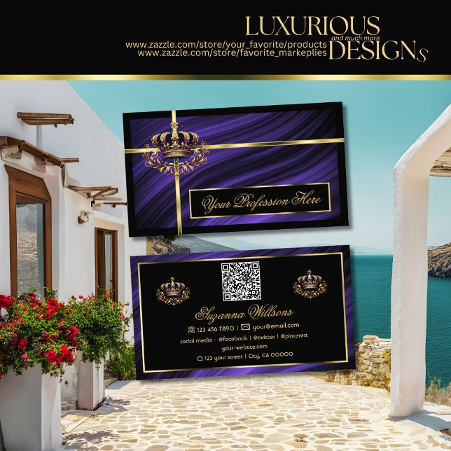 Opulent Royal Blue Gold Crown with QR Code Noble Business Card (Creator Uploaded)