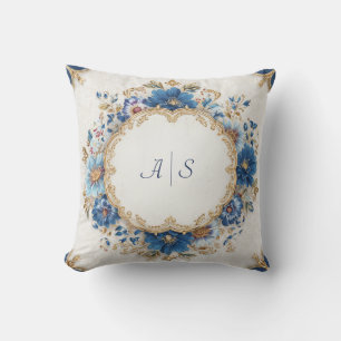 Opulent Royal Blue Gold Rococo Floral Round Frame Throw Pillow