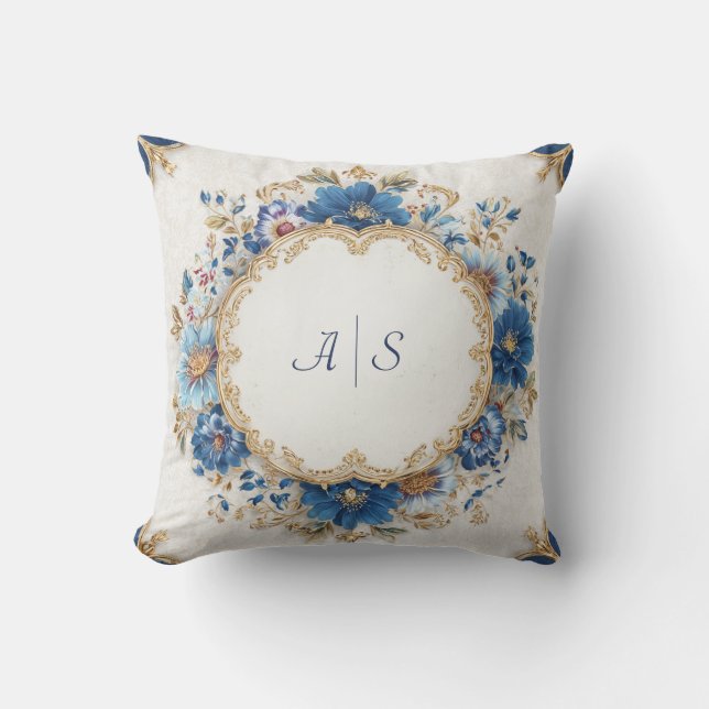 Opulent Royal Blue Gold Rococo Floral Round Frame Throw Pillow (Front)