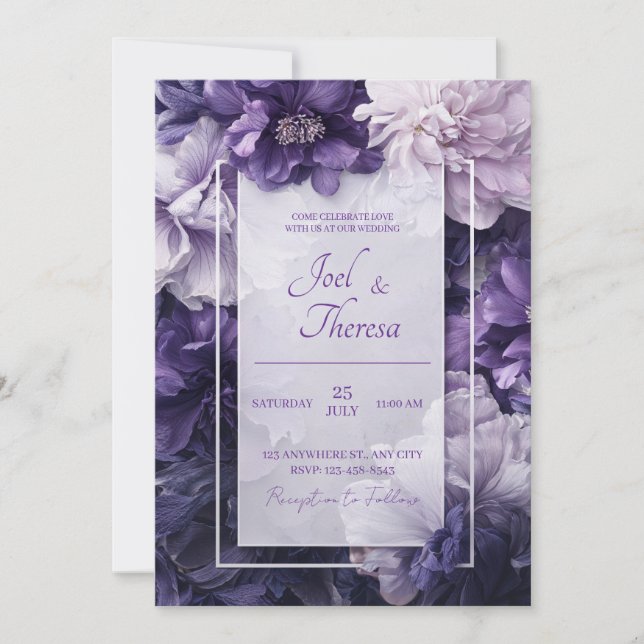 Opulent Royal Purple Violet Peony Floral Wedding Invitation (Front)