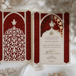 Opulent Ruby and Cream Foil Lace Islamic Wedding Foil Invitation