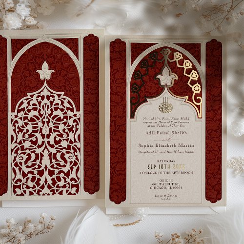 Opulent Ruby and Cream Foil Lace Islamic Wedding Foil Invitation