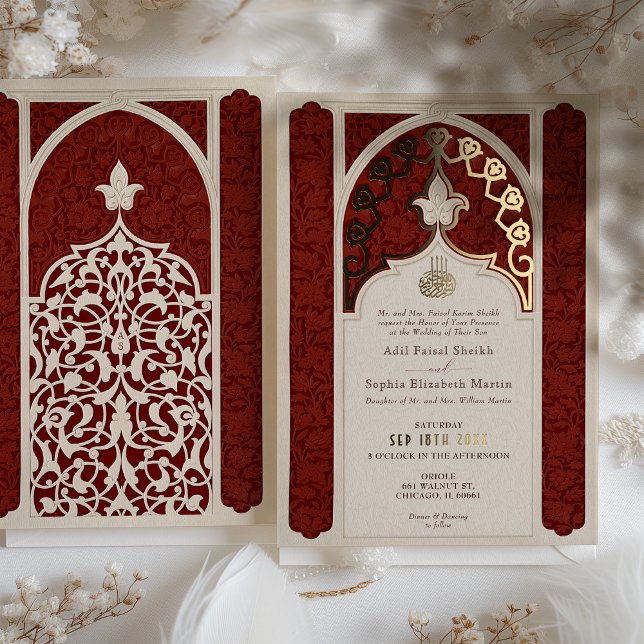 Opulent Ruby and Cream Foil Lace Islamic Wedding Foil Invitation (Creator Uploaded)